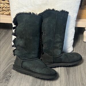 UGG Black Suede Mid-Calf Boots with Back Bow Detail